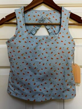 Girl’s ruffle back tank XL 14. Blogilates blue citrus print